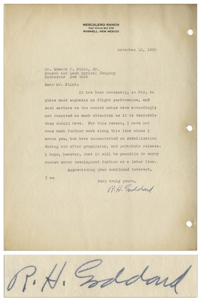 Scarce 1938 Letter Signed by Robert H. Goddard, the Father of Space Flight -- ''...such matters as the rocket motor have accordingly not received as much attention...'' -- With JSA COA